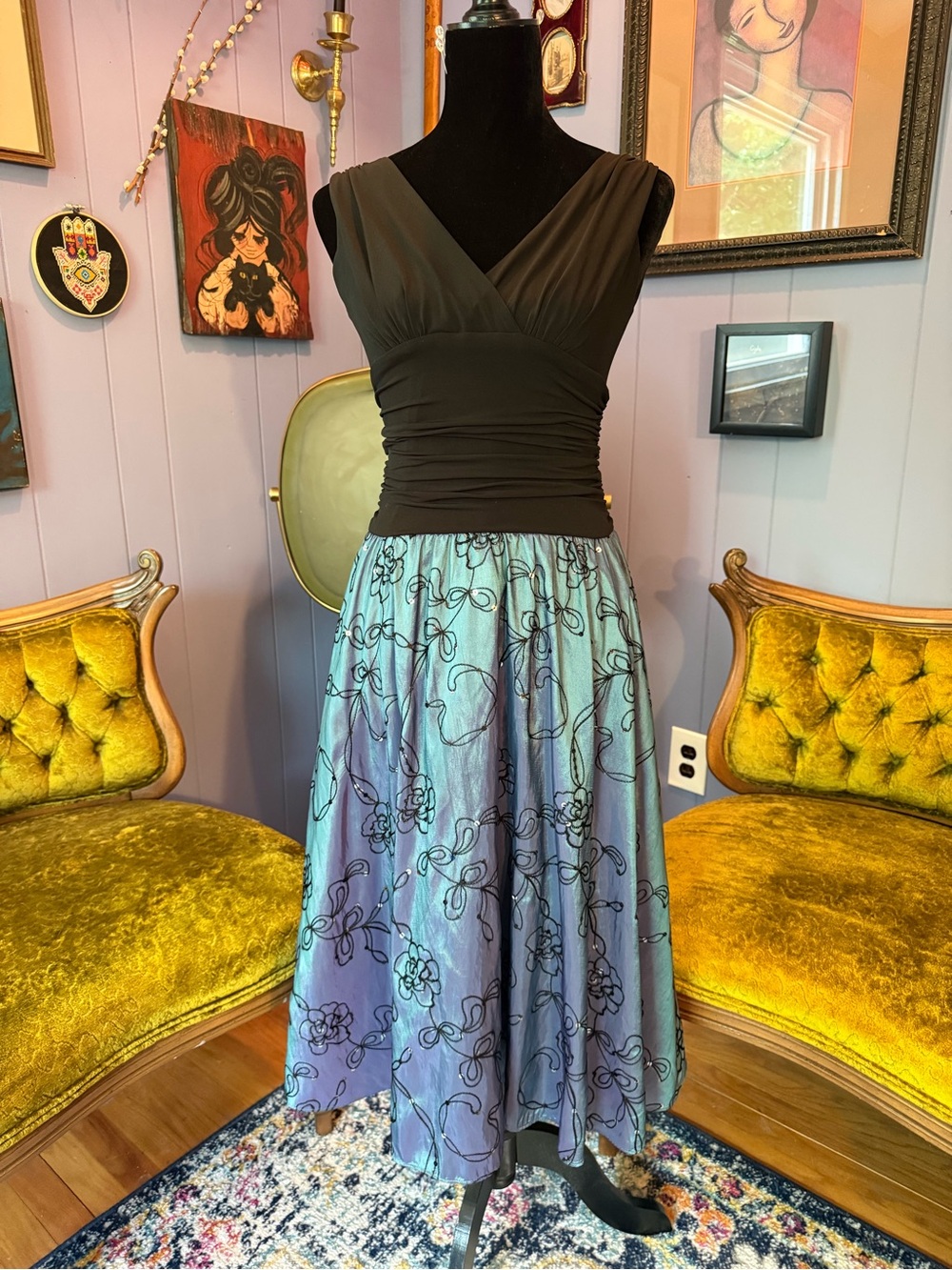 Vtg  S.L. Fashions Iridescent Sage Green, Purple, And Blue Floral V Neck Dress - Picture 3 of 8